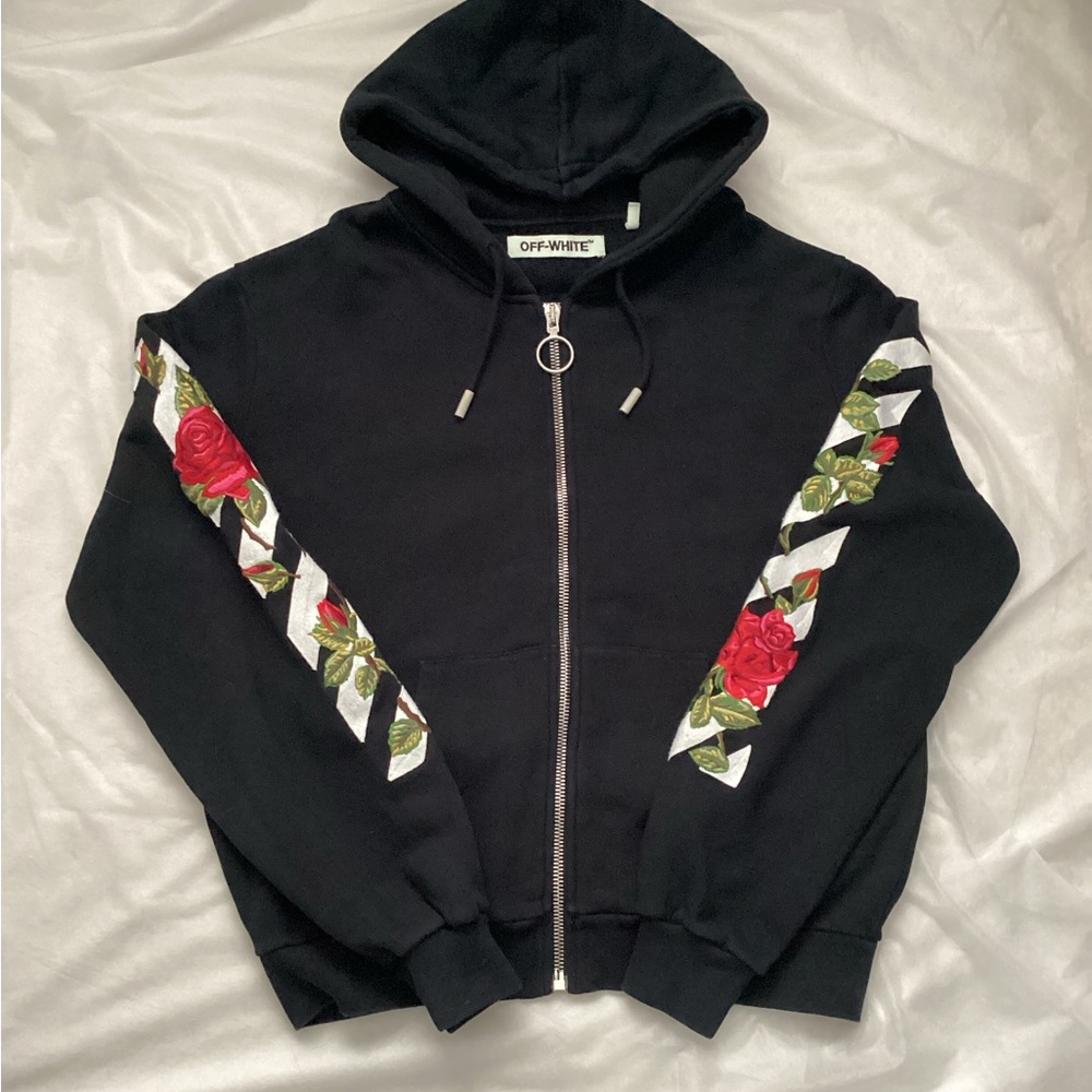 Off-White Virgil Abloh Black Hoodie with Rose Floral Embroidery, Size M